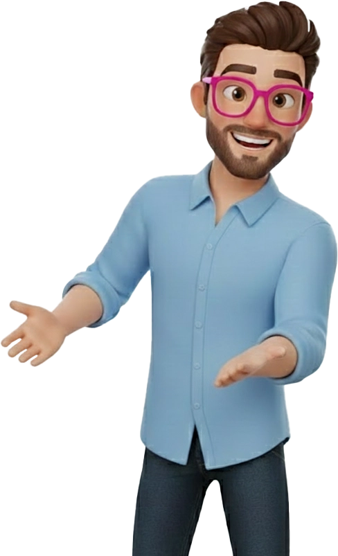 Animiertes Bild, Mann mit pinker Brille weist auf FAQs zu HR-Software hin