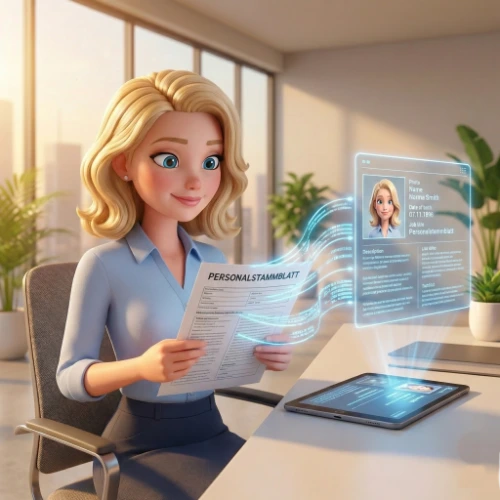 Animiertes Bild, Frau sitzt am Schreibtisch, Daten aus Personalstammblatt werden für digitale Personalakte extrahiert