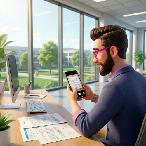 Animiertes Bild, Mann am Schreibtisch fotografiert Dokumente für digitale Personalakte