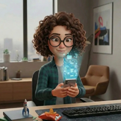 Animiertes Bild, Frau im Büro, Hologram von HR-Software auf Smartphone