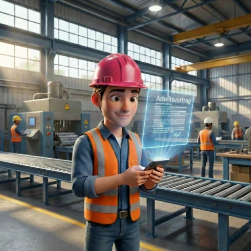 Animiertes Bild, Vorarbeiter in Produktionshalle, Hologramm von Arbeitsvertrag aus digitaler Personalakte