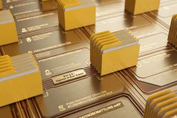 animiertes Bild, gelbe Aktenordner auf Platinen, digitale Personalakte Pflicht