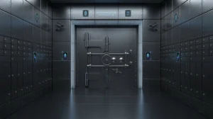 animiertes Bild, großer Innenraum eines Tresors, Hashchain am oberen Rand um Sicherheit eines digitalen Tresors zu verdeutlichen