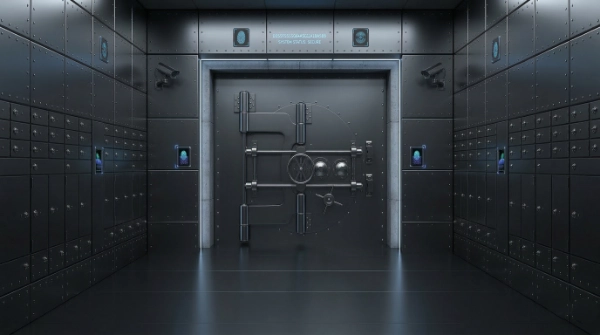 animiertes Bild, großer Innenraum eines Tresors, Hashchain am oberen Rand um Sicherheit eines digitalen Tresors zu verdeutlichen