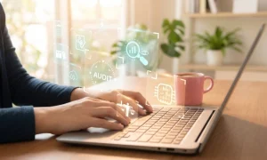 animiertes Bild, Mann sitzt am Laptop, Icons über Audits und Data-Security schweben über der Tastatur, Darstellung der technischen Integrität der digitalen Personalakte