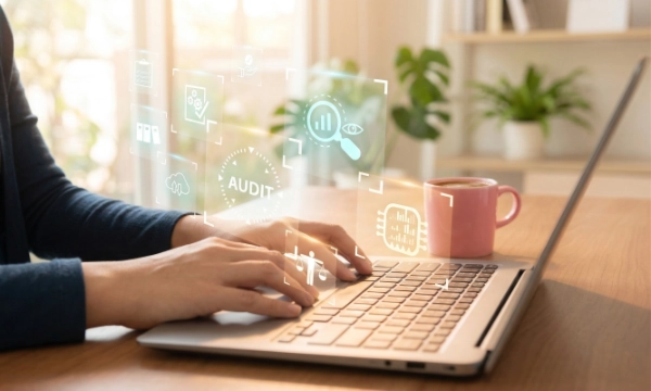 animiertes Bild, Mann sitzt am Laptop, Icons über Audits und Data-Security schweben über der Tastatur, Darstellung der technischen Integrität der digitalen Personalakte