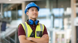 Animiertes Bild, Mitarbeiter aus Produktion in gelber Weste schaut in die Ferne, nutzt das Mitarbeiterportal BOYD