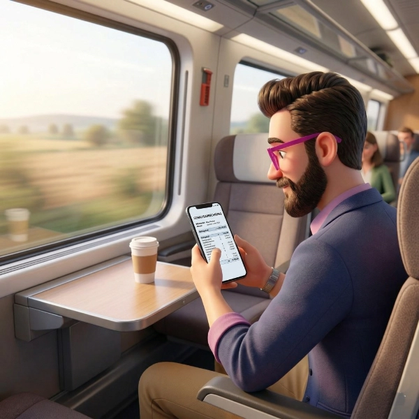 Animiertes Bild, Mann sitzt in einem Zug und checkt Gehaltsabrechnungen in seinem Mitarbeiterportal
