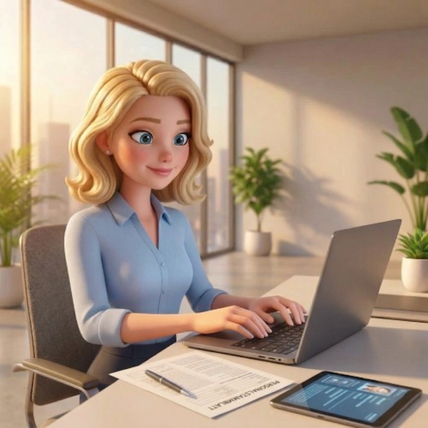 Animiertes Bild, Frau sitzt am Laptop und tippt Personalstammdaten in digitale Personalakte