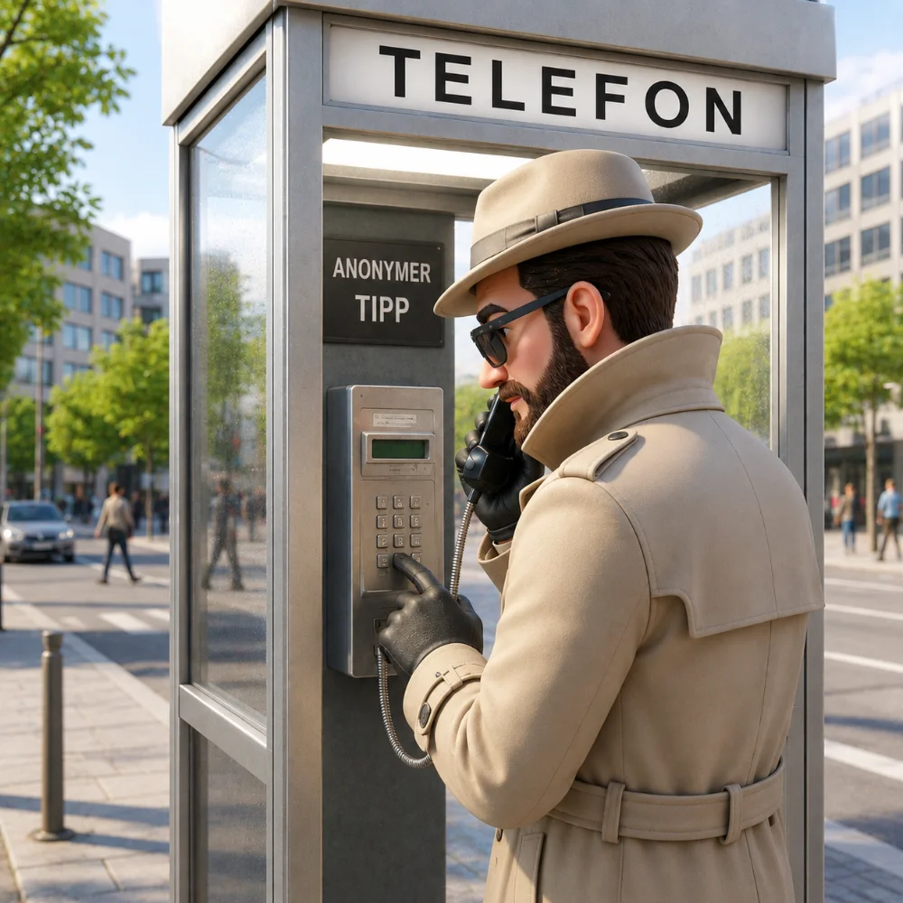 Animiertes Bild. Mann steht an Telefonzelle mit Trenchcoat und übermittelt anoyme Hinweise.