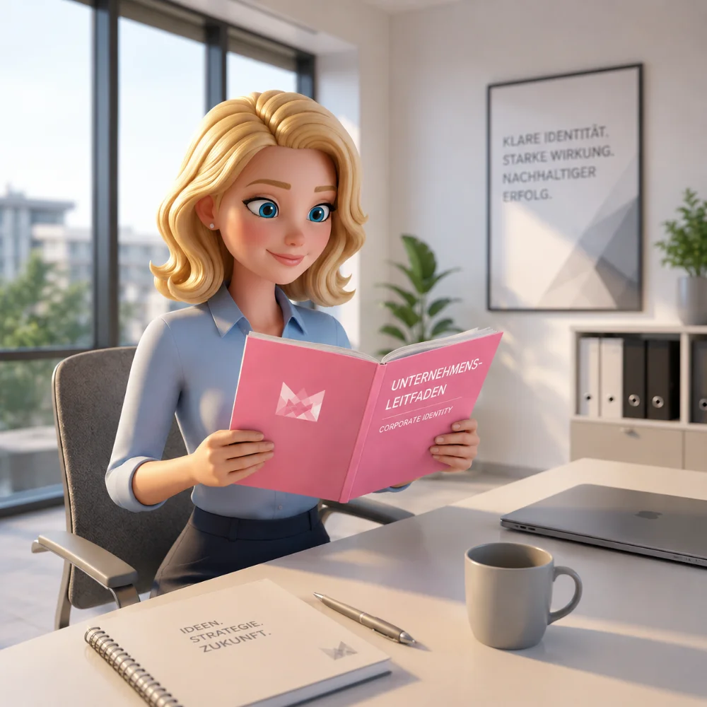 Animiertes Bild. Frau liest Buch über Corporate Design für digitale Meldestelle durch.