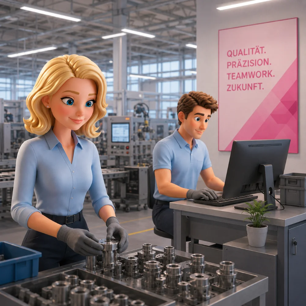 Animiertes Bild. Frau und Mann stehen in Produktionshalle. Mann schaut auf digitale Meldestelle.