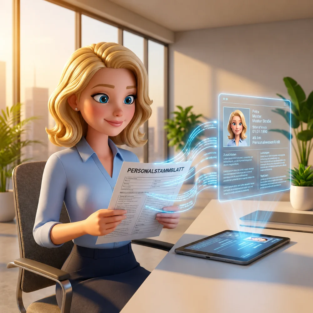 Animiertes Bild. Frau liest ein Personalstammblatt, während es so wirkt, als würde es in die digitale Personalakte gezogen.