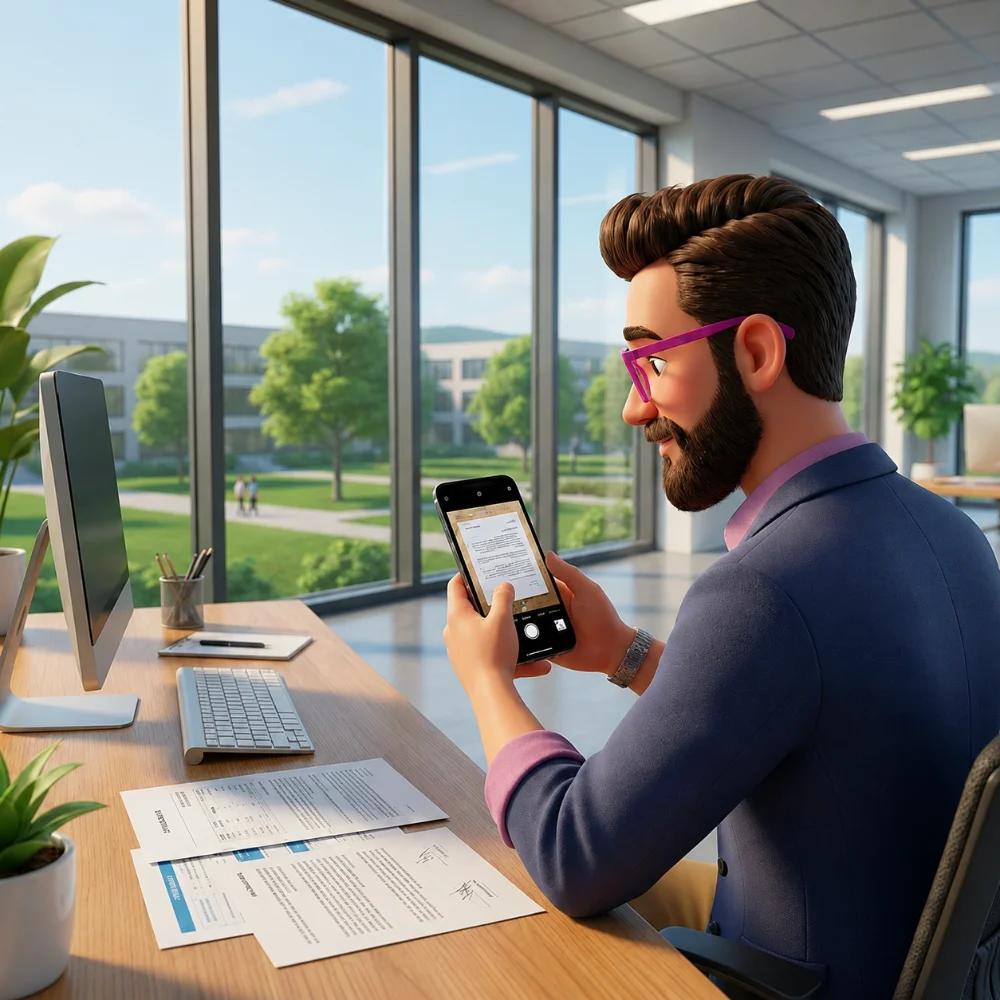 Animiertes Bild. Mann scannt mit Smartphone Dokument für digitale Personalakte.