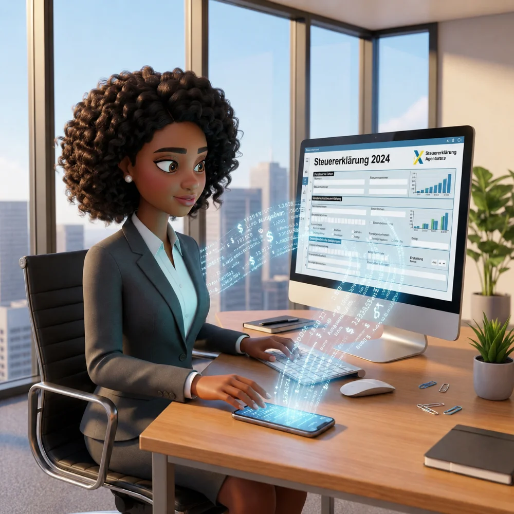Animiertes Bild. Frau macht ihre Steuererklärung am Desktop, während sie sich Daten aus dem Mitarbeiterportal auf ihrem Smartphone ansieht.
