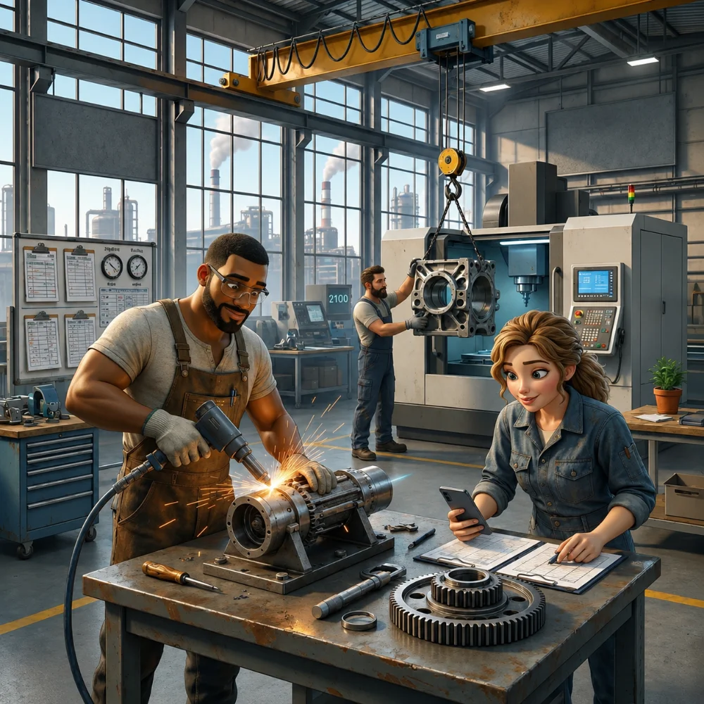 Animiertes Bild. Mitarbeiterinnen und Mitarbeiter stehen in einer Produktionshalle.