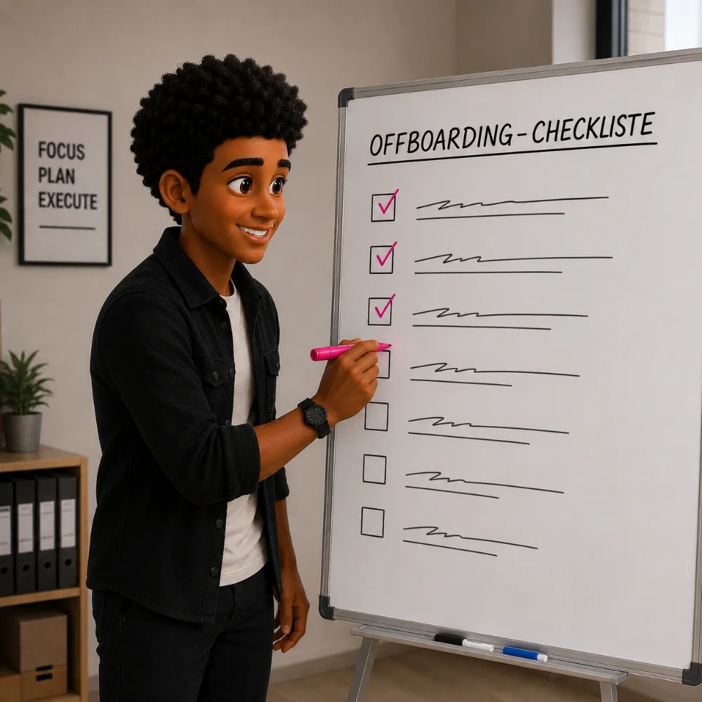 Animiertes Bild. Mann steht an einem Clipchart und hält Vortrag über Offboarding.