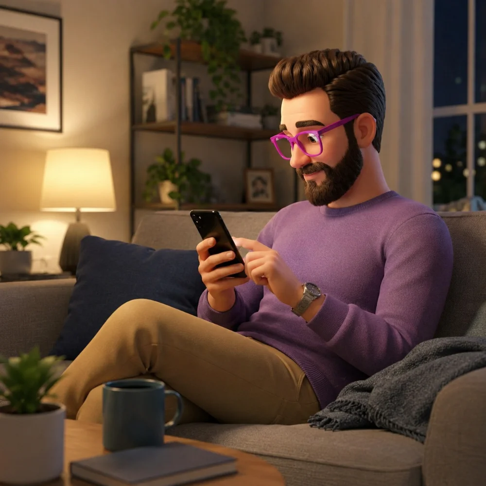 Animiertes Bild. Mann sitzt auf Couch und liest Unternehmensbeiträge über Preboarding Modal.
