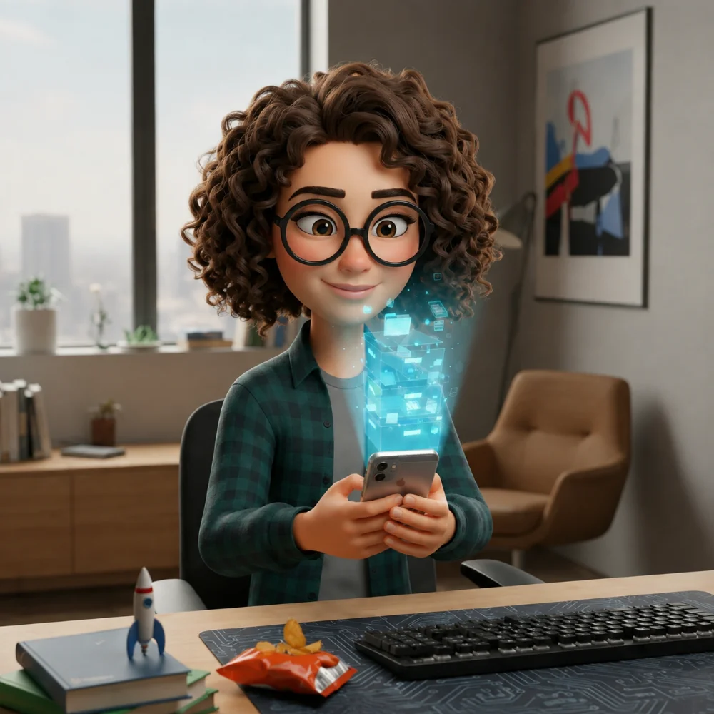 Animiertes Bild. Frau sitzt am Schreibtisch. Auf ihrem Smartphone erscheint Hologramm eines Mitarbeiterportals