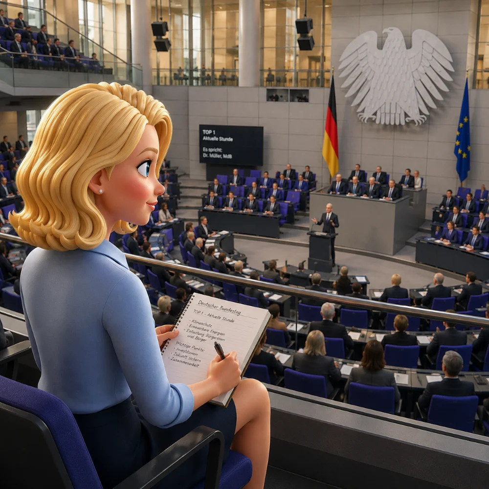 Animiertes Bild. Frau sitzt im Bundestag und notiert Gesetzesänderungen zu Zeiterfassung.