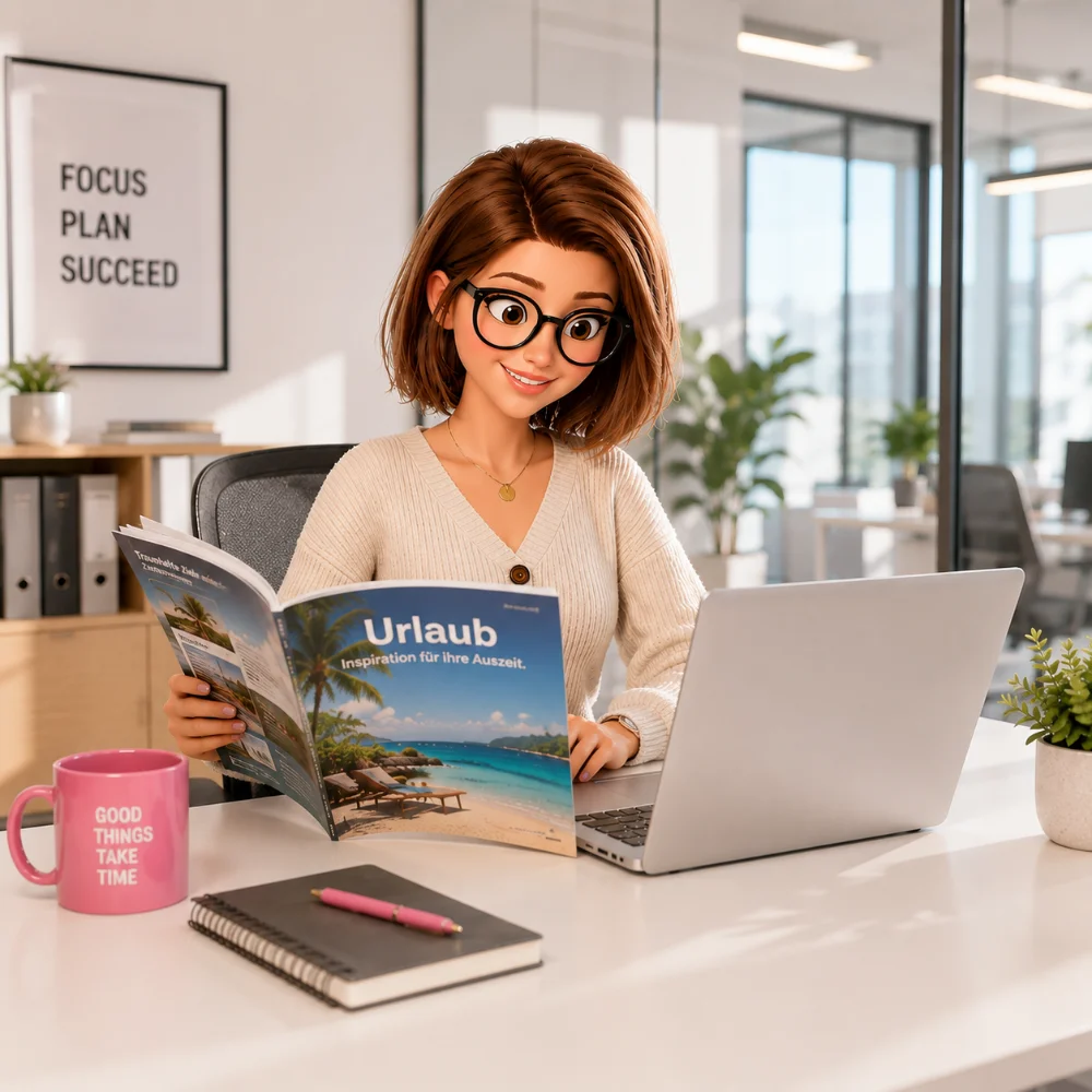 Animiertes Bild. Frau reicht Urlaub über digitale Zeiterfassung ein